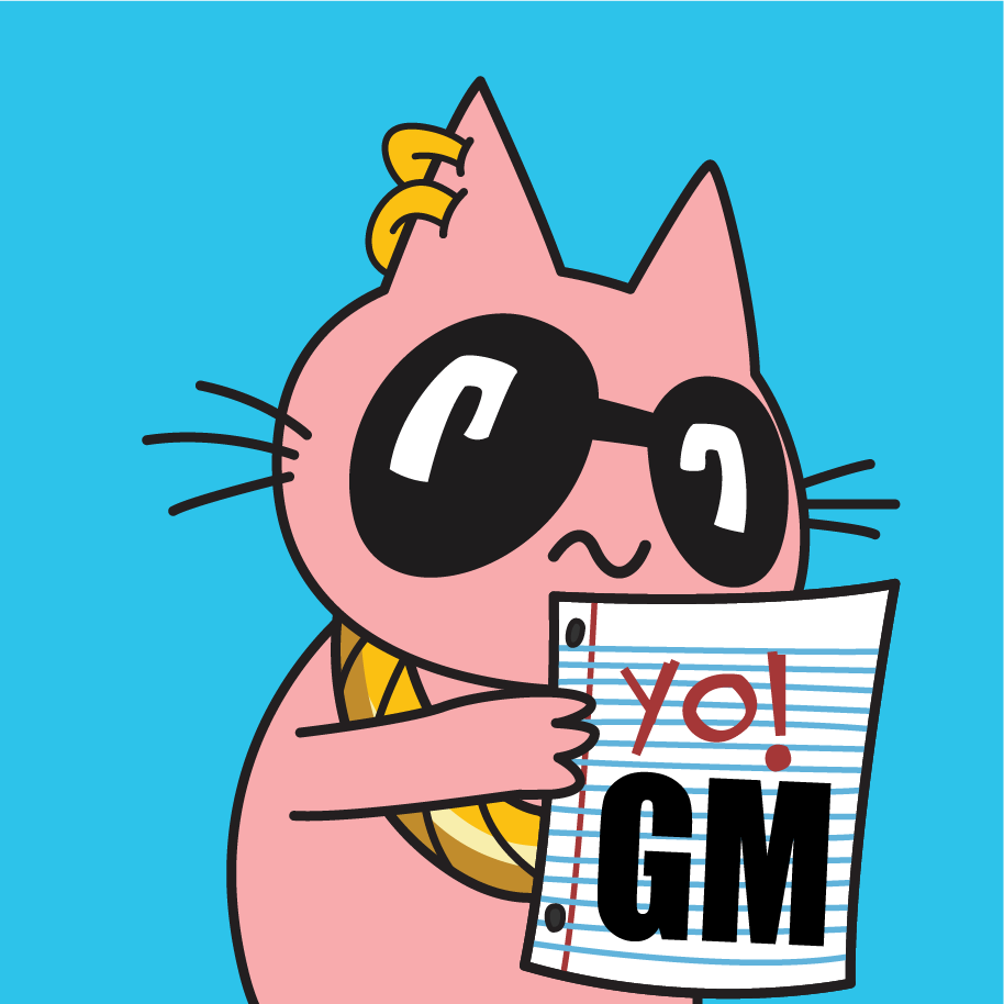 YoCat with paper with GM on it